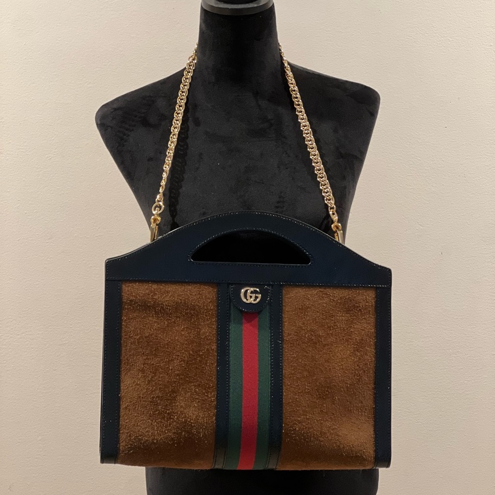 💯 Authentic Gucci Ophidia Brown Suede Cut Out Top Handle Shoulder Bag